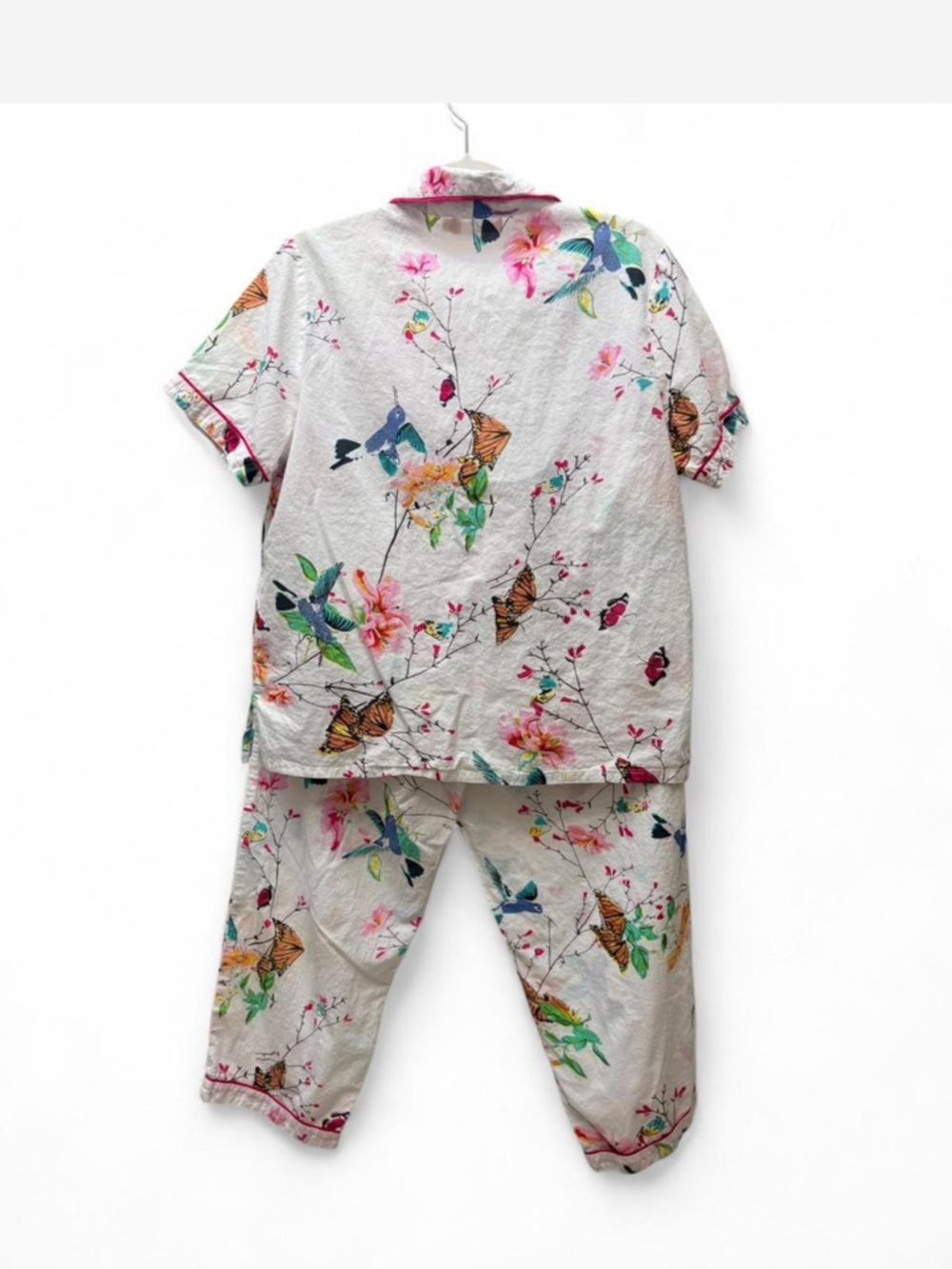White Floral & Hummingbird Short-Sleeve Women’s Pajama Set with Pink Trim - Picture 3 of 7